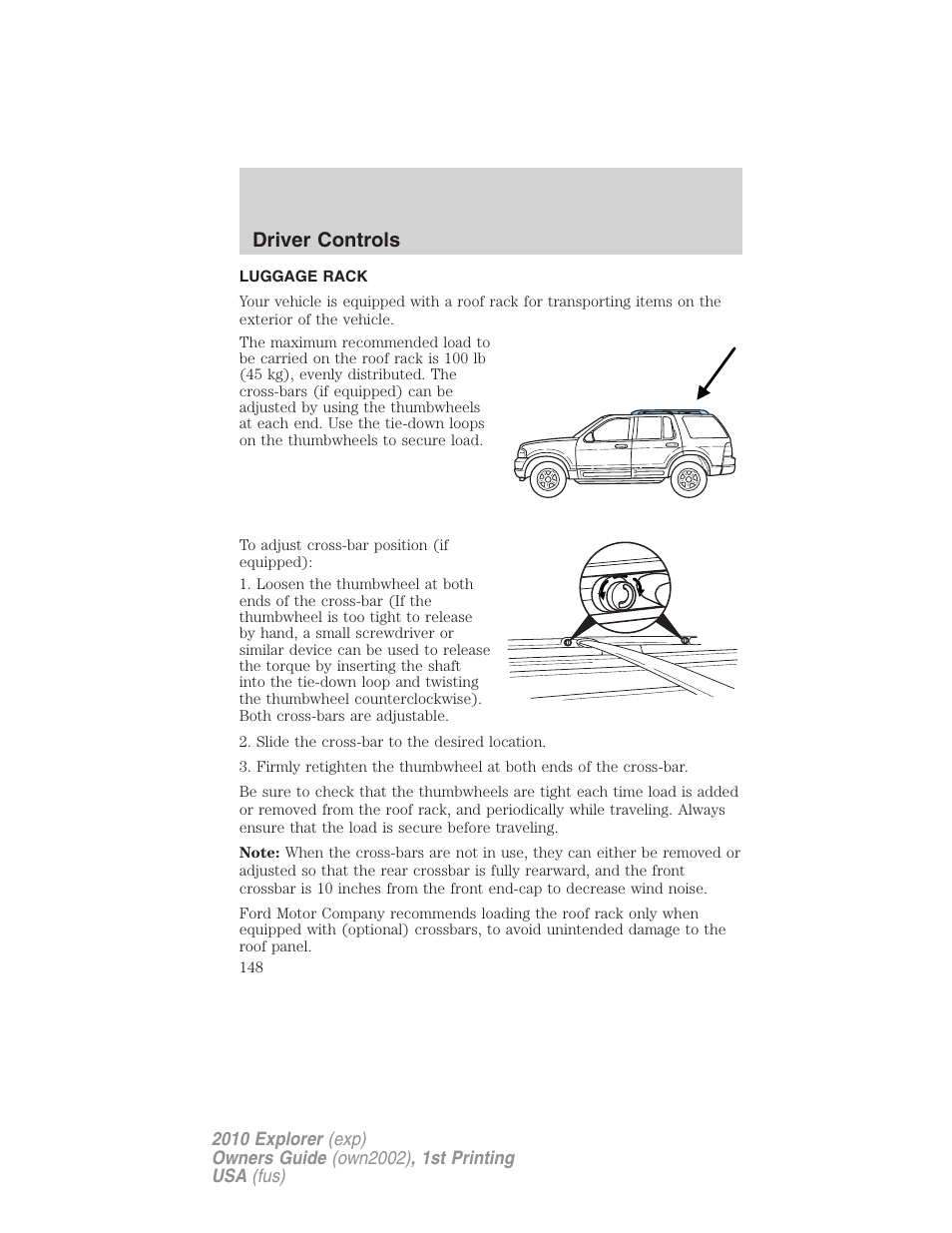 Luggage rack, Driver controls | FORD 2010 Explorer v.1 User Manual | Page 148 / 404