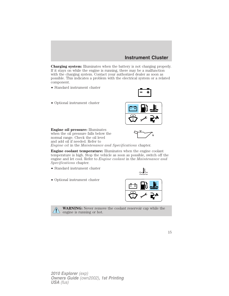 Instrument cluster | FORD 2010 Explorer v.1 User Manual | Page 15 / 404