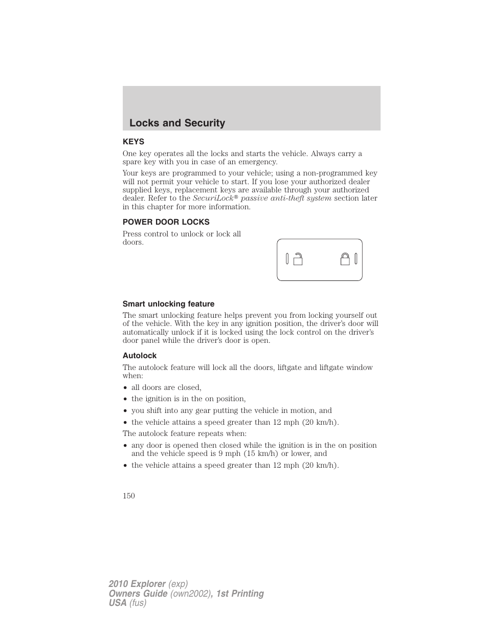 Locks and security, Keys, Power door locks | Smart unlocking feature, Autolock, Locks | FORD 2010 Explorer v.1 User Manual | Page 150 / 404