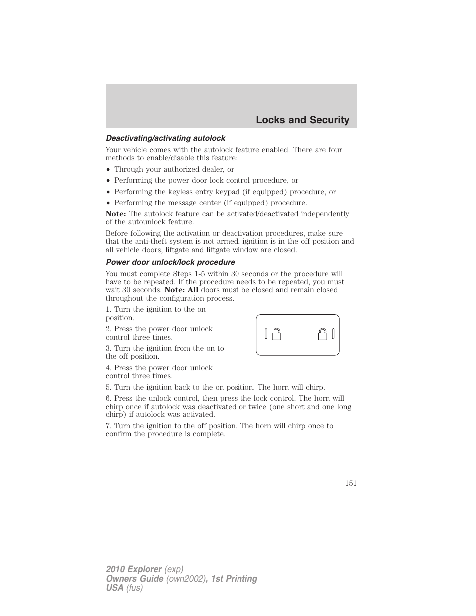 Deactivating/activating autolock, Power door unlock/lock procedure, Locks and security | FORD 2010 Explorer v.1 User Manual | Page 151 / 404