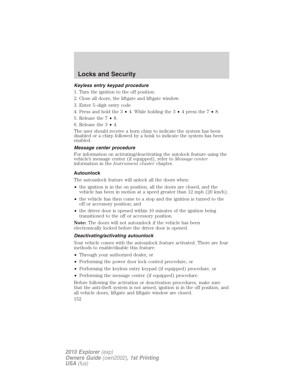 Keyless entry keypad procedure, Message center procedure, Autounlock | Deactivating/activating autounlock, Locks and security | FORD 2010 Explorer v.1 User Manual | Page 152 / 404