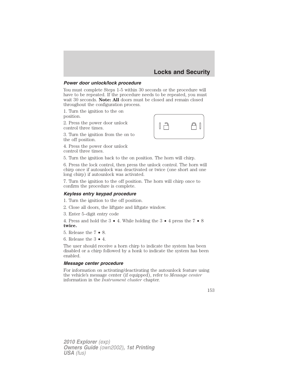 Power door unlock/lock procedure, Keyless entry keypad procedure, Message center procedure | Locks and security | FORD 2010 Explorer v.1 User Manual | Page 153 / 404