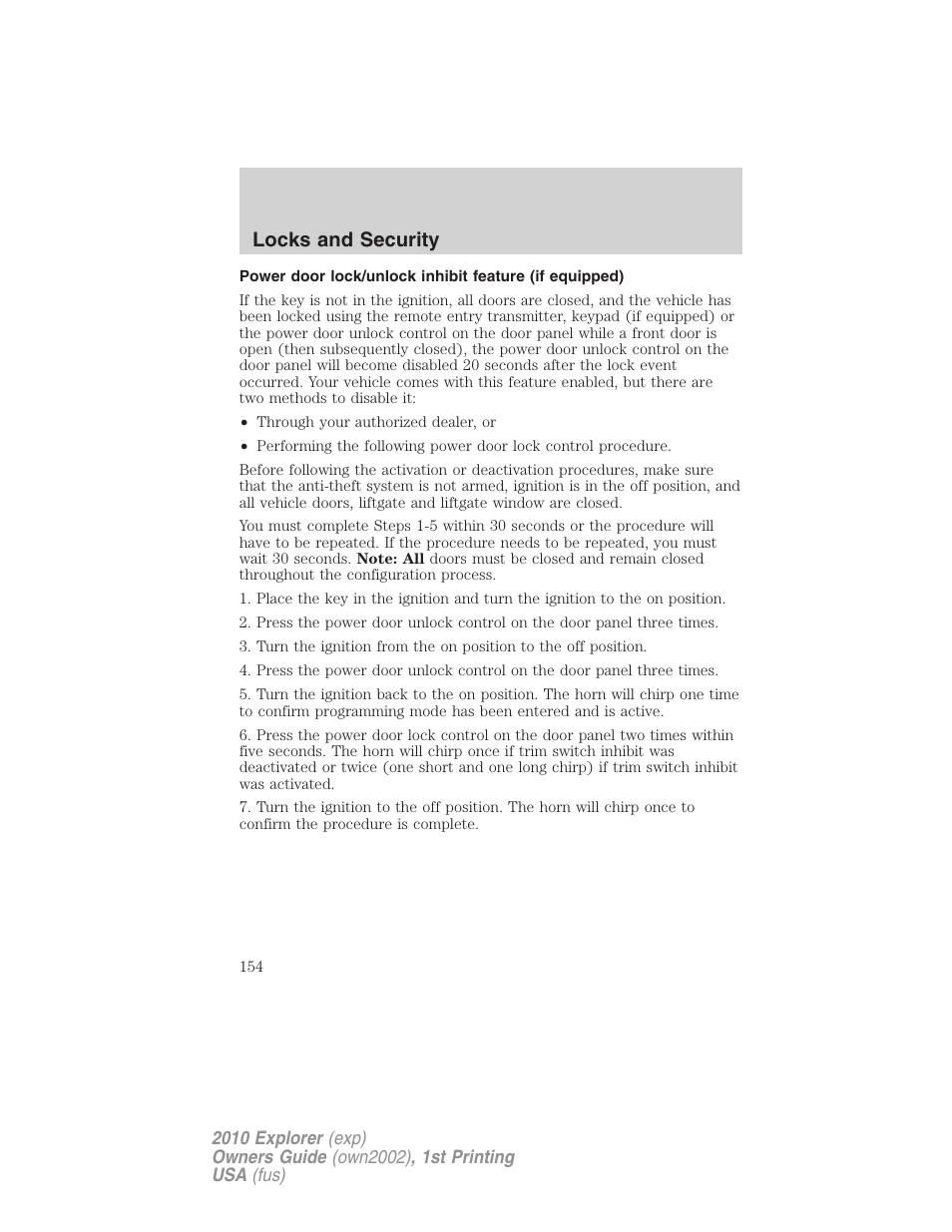 Locks and security | FORD 2010 Explorer v.1 User Manual | Page 154 / 404