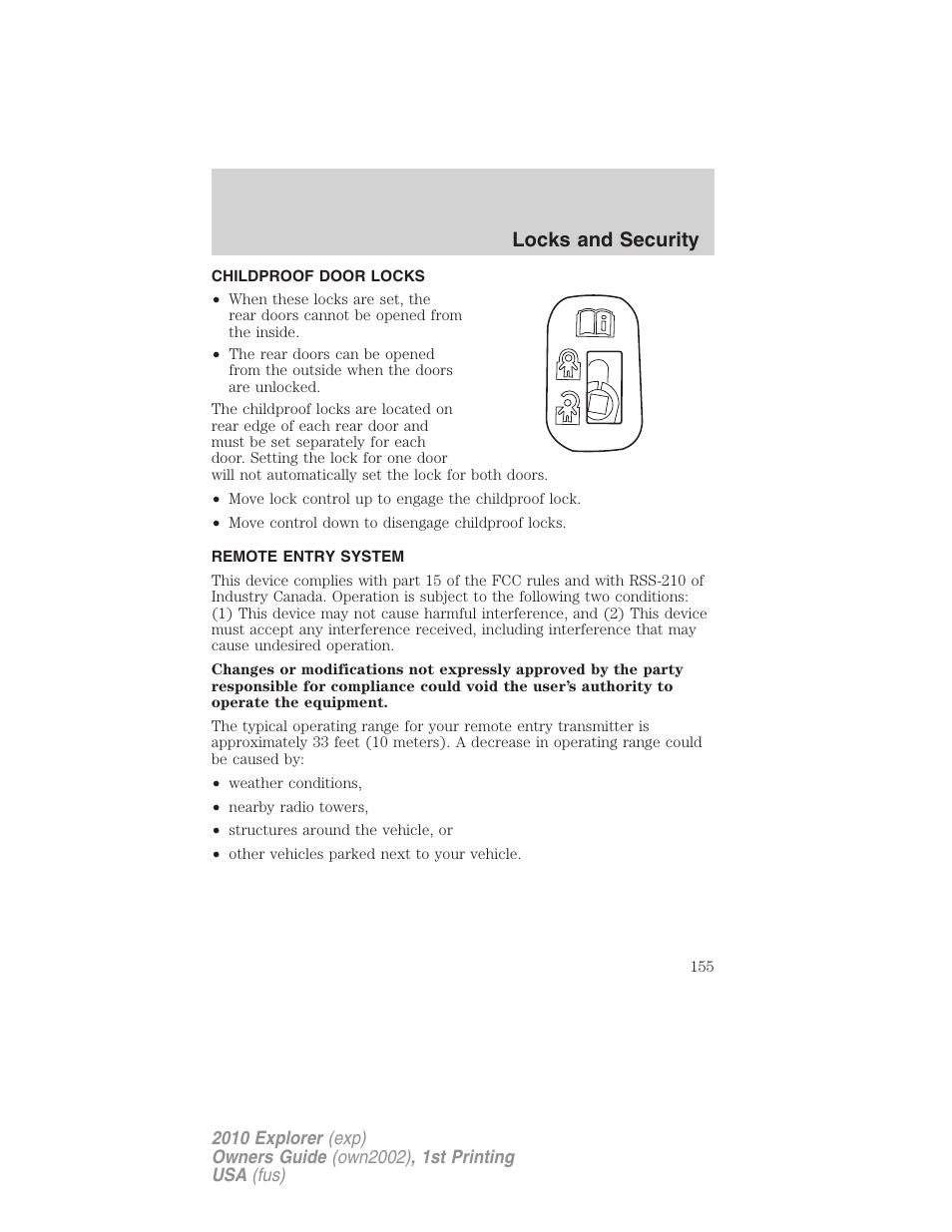 Childproof door locks, Remote entry system, Anti-theft system | Locks and security | FORD 2010 Explorer v.1 User Manual | Page 155 / 404