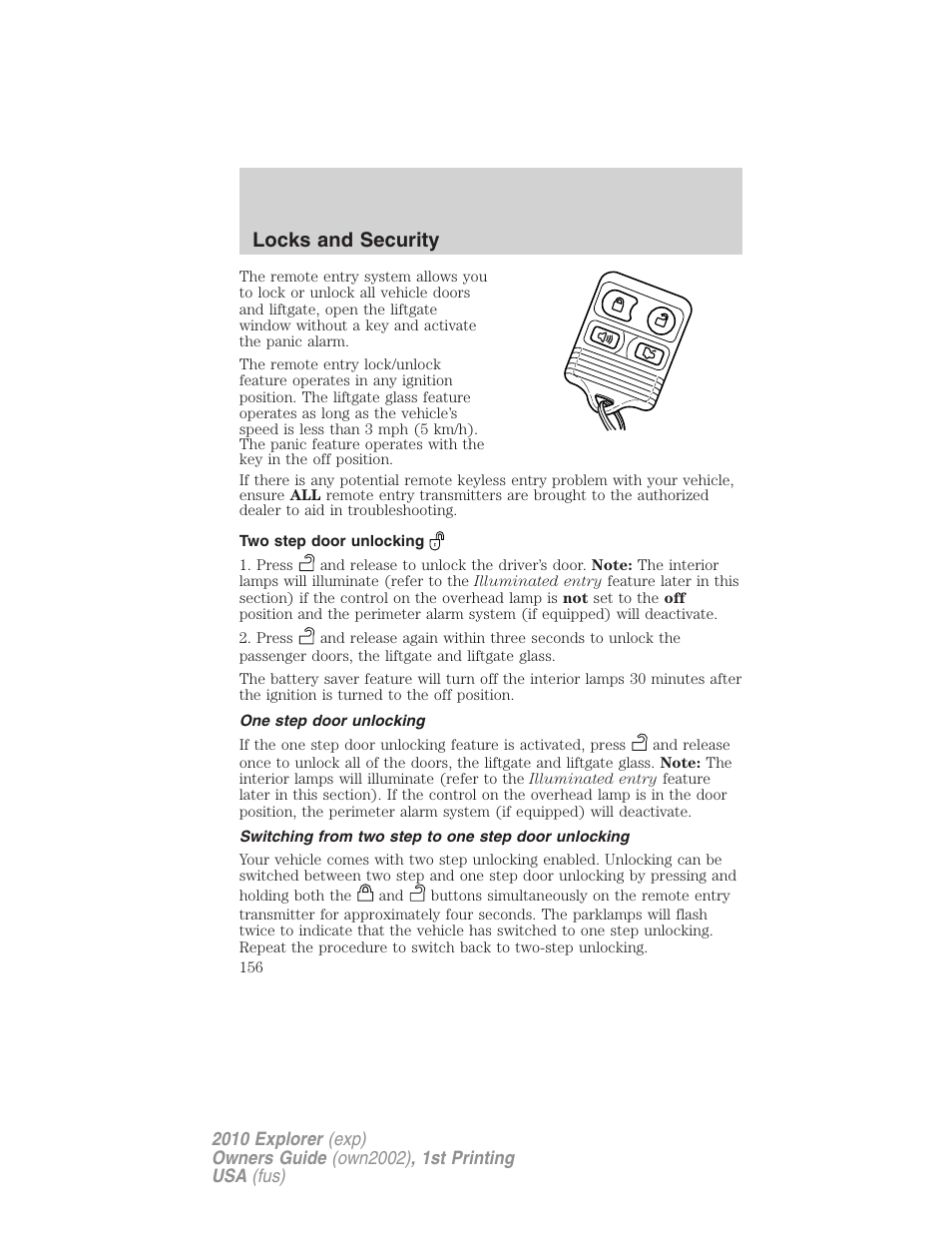 Two step door unlocking, One step door unlocking, Switching from two step to one step door unlocking | Locks and security | FORD 2010 Explorer v.1 User Manual | Page 156 / 404