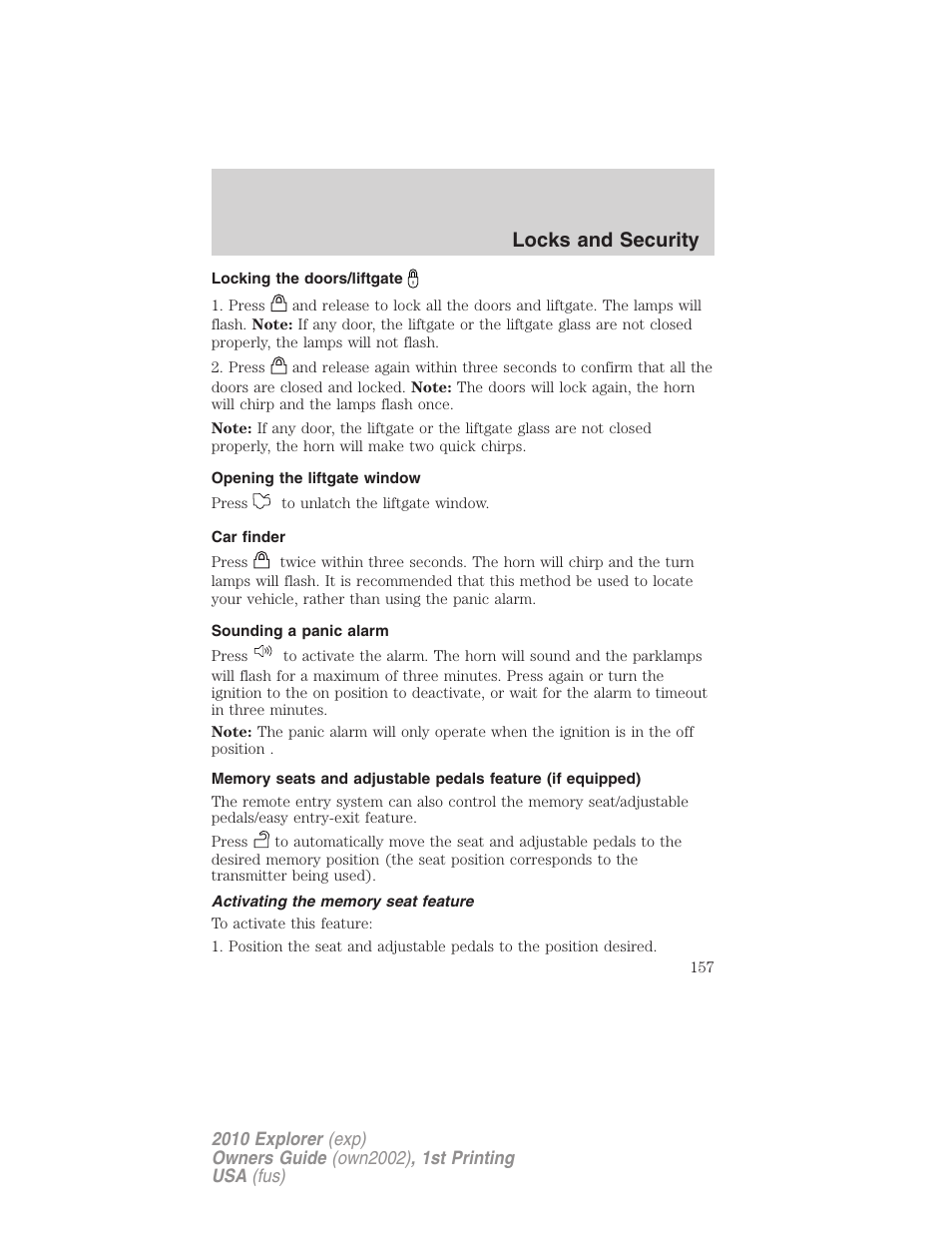 Locking the doors/liftgate, Opening the liftgate window, Car finder | Sounding a panic alarm, Activating the memory seat feature, Locks and security | FORD 2010 Explorer v.1 User Manual | Page 157 / 404