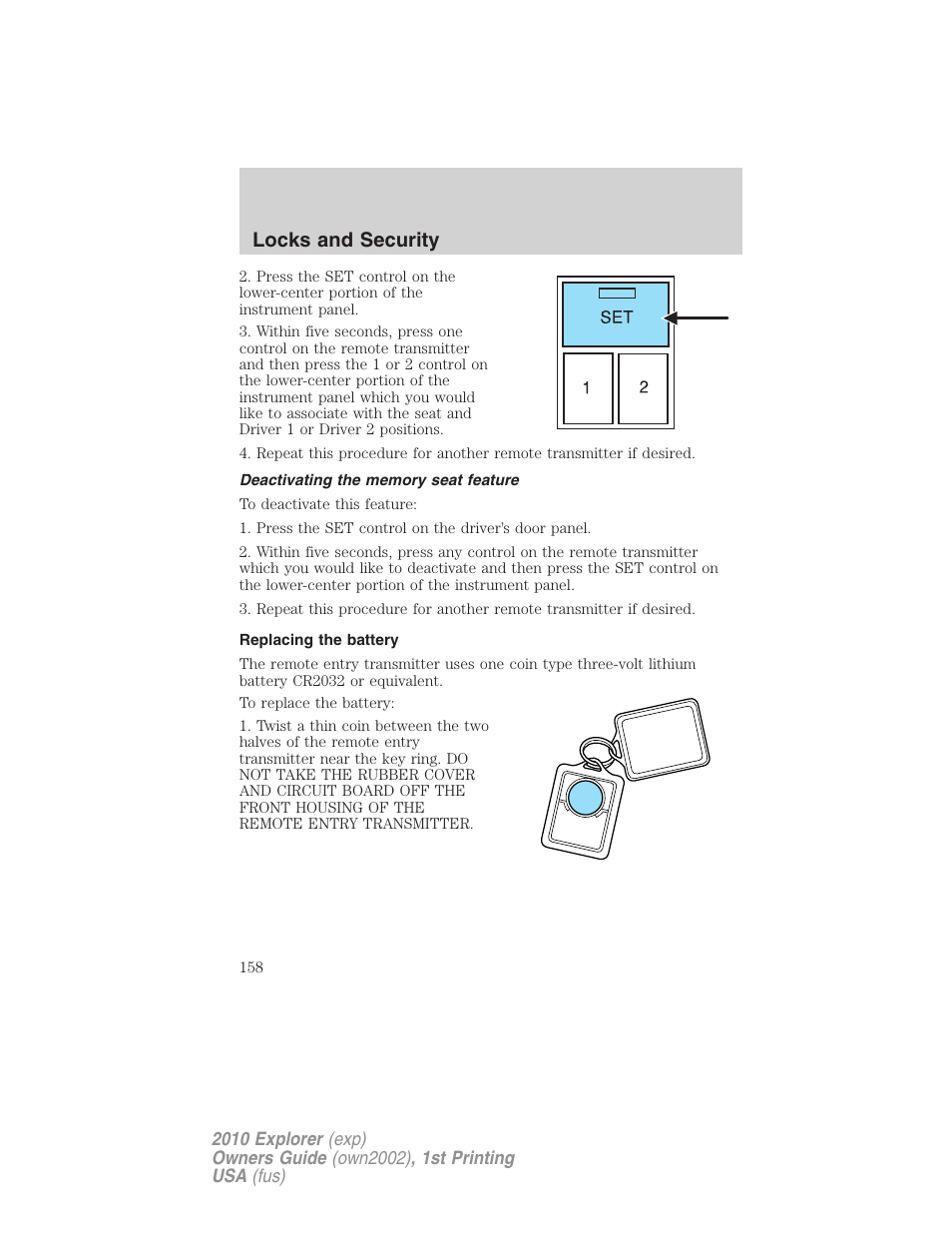 Deactivating the memory seat feature, Replacing the battery, Locks and security | FORD 2010 Explorer v.1 User Manual | Page 158 / 404