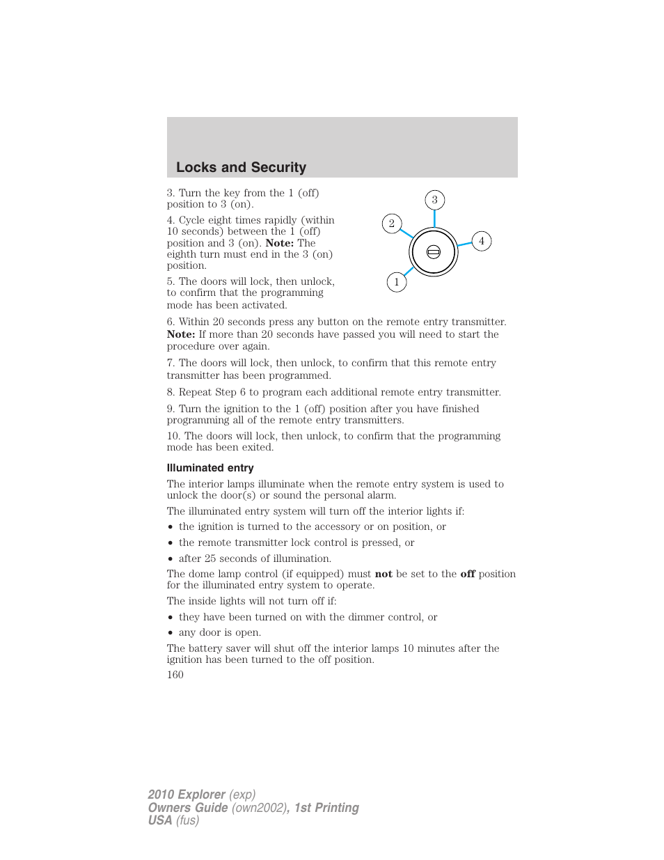 Illuminated entry, Locks and security | FORD 2010 Explorer v.1 User Manual | Page 160 / 404