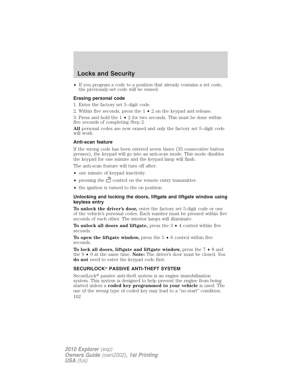 Erasing personal code, Anti-scan feature, Securilock passive anti-theft system | Locks and security | FORD 2010 Explorer v.1 User Manual | Page 162 / 404