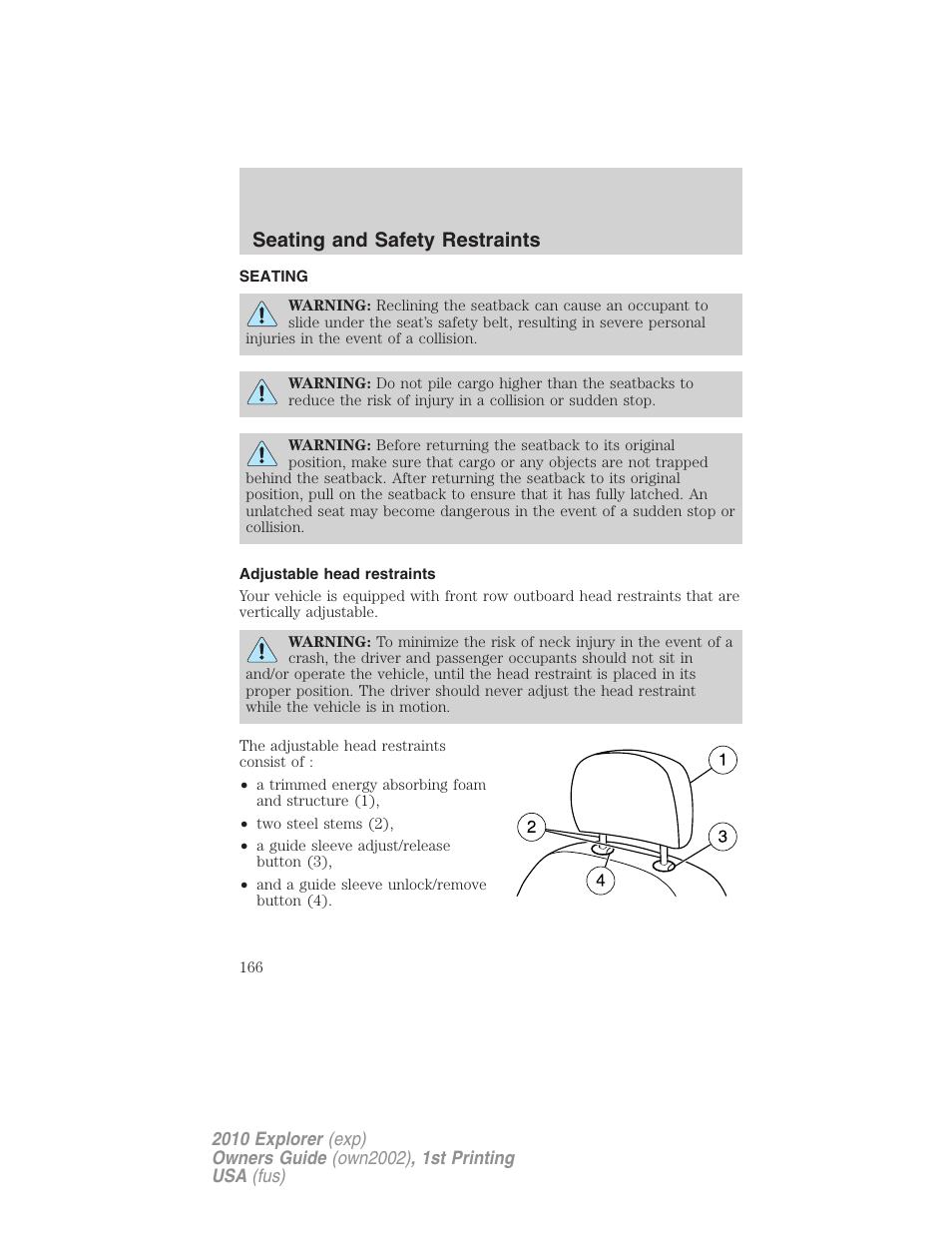 Seating and safety restraints, Seating, Adjustable head restraints | FORD 2010 Explorer v.1 User Manual | Page 166 / 404