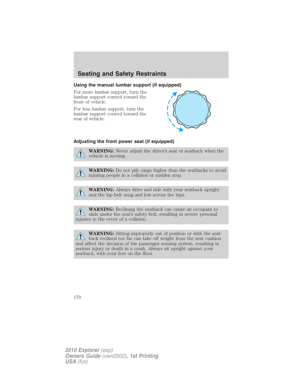 Using the manual lumbar support (if equipped), Adjusting the front power seat (if equipped), Seating and safety restraints | FORD 2010 Explorer v.1 User Manual | Page 170 / 404