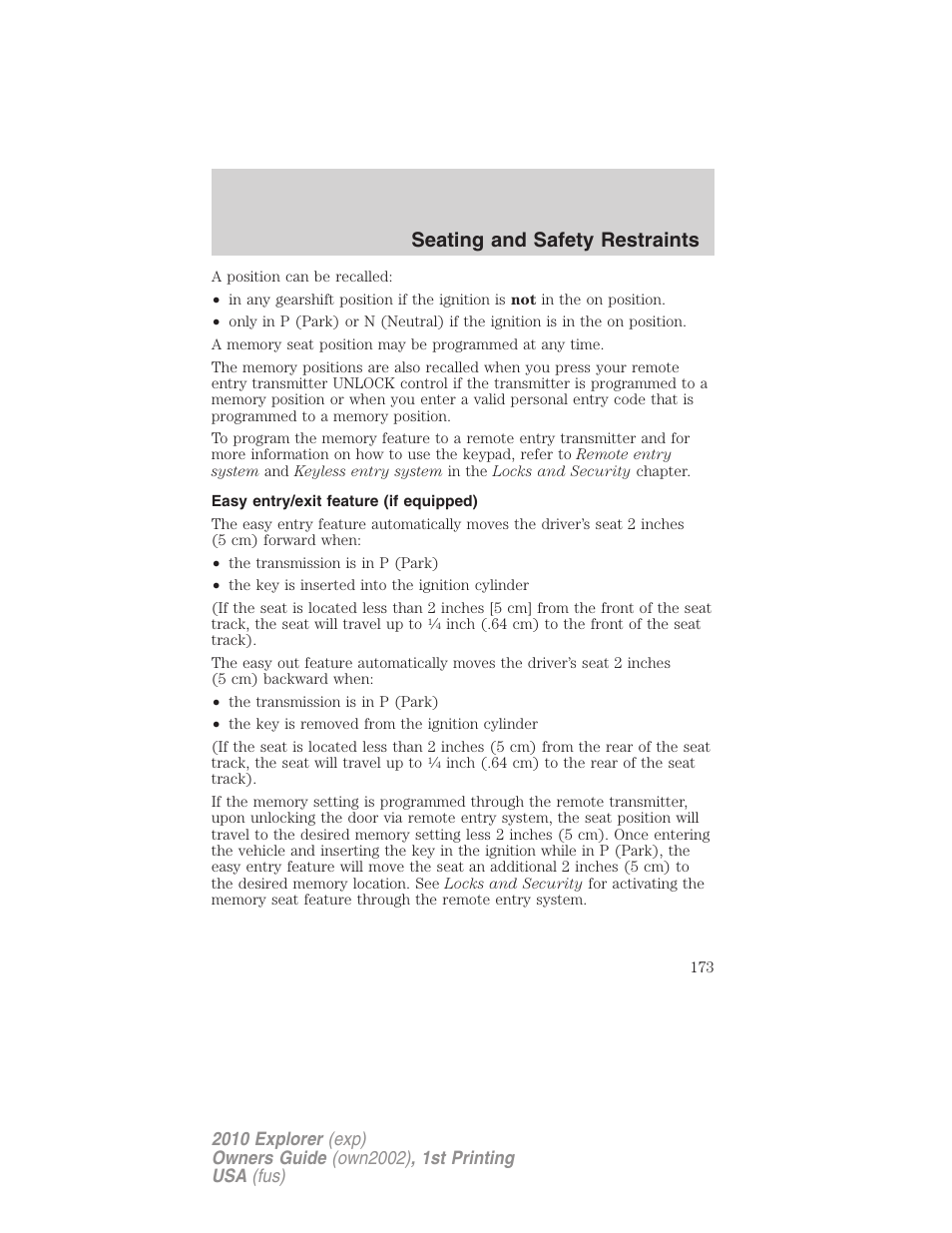 Easy entry/exit feature (if equipped), Seating and safety restraints | FORD 2010 Explorer v.1 User Manual | Page 173 / 404