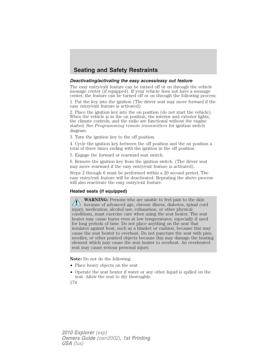 Heated seats (if equipped), Seating and safety restraints | FORD 2010 Explorer v.1 User Manual | Page 174 / 404