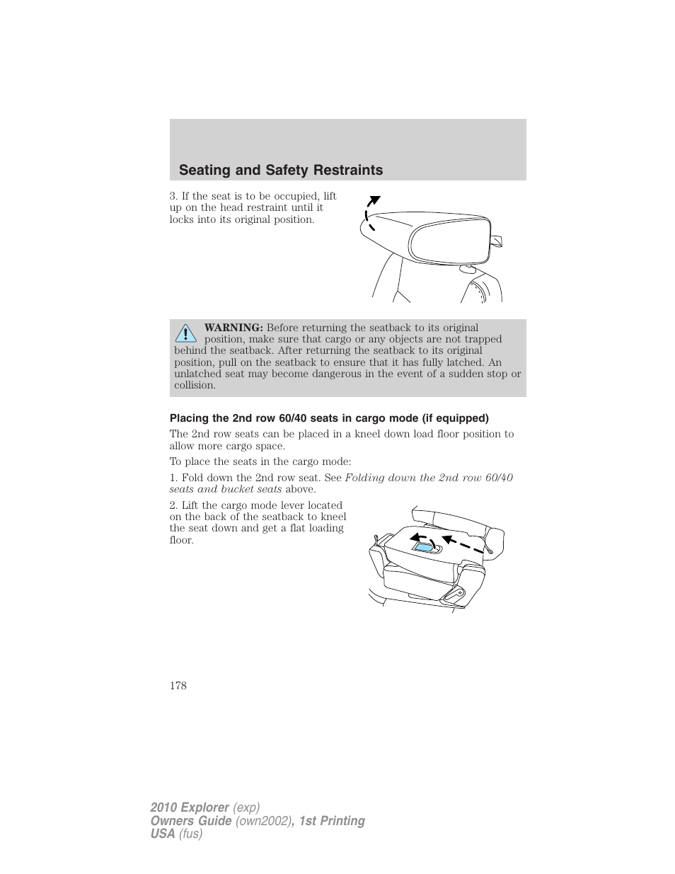 Seating and safety restraints | FORD 2010 Explorer v.1 User Manual | Page 178 / 404