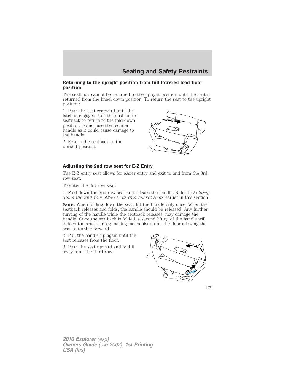 Adjusting the 2nd row seat for e-z entry, Seating and safety restraints | FORD 2010 Explorer v.1 User Manual | Page 179 / 404