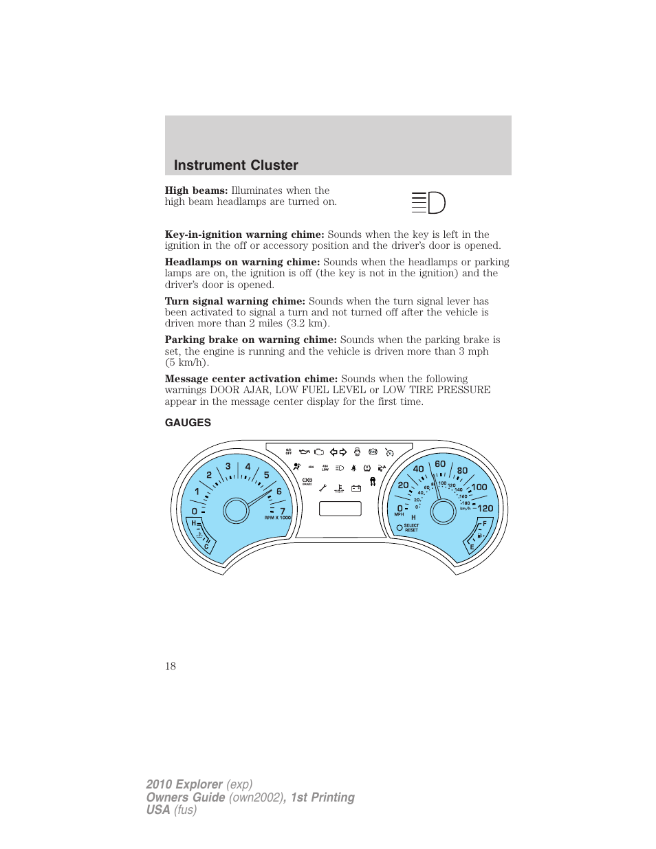 Gauges, Instrument cluster | FORD 2010 Explorer v.1 User Manual | Page 18 / 404