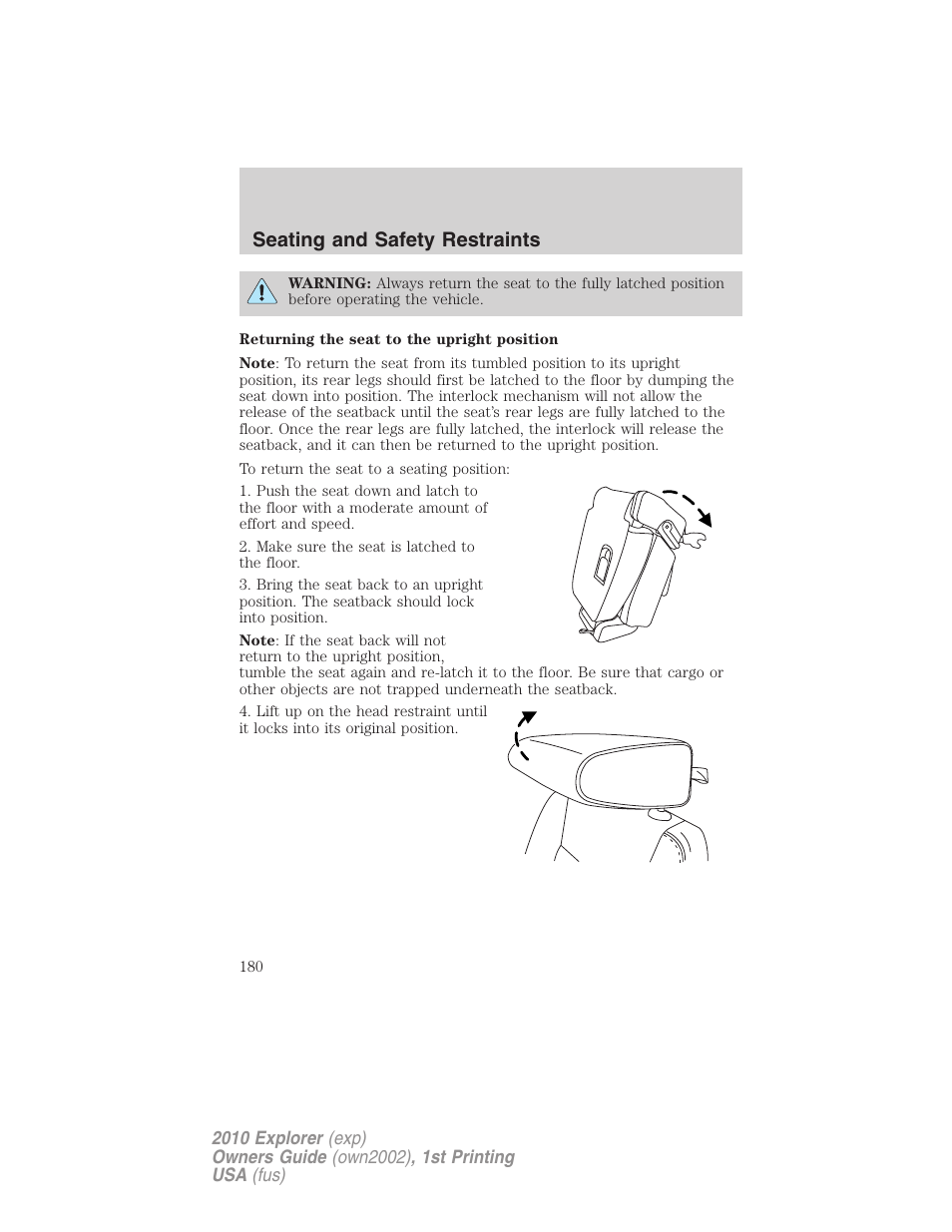 Seating and safety restraints | FORD 2010 Explorer v.1 User Manual | Page 180 / 404