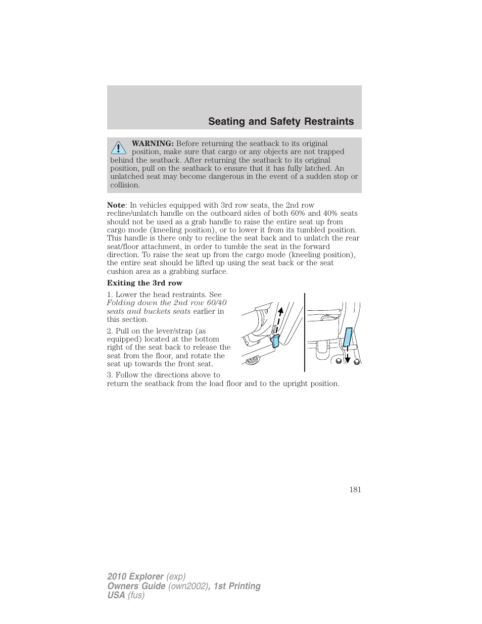 Seating and safety restraints | FORD 2010 Explorer v.1 User Manual | Page 181 / 404