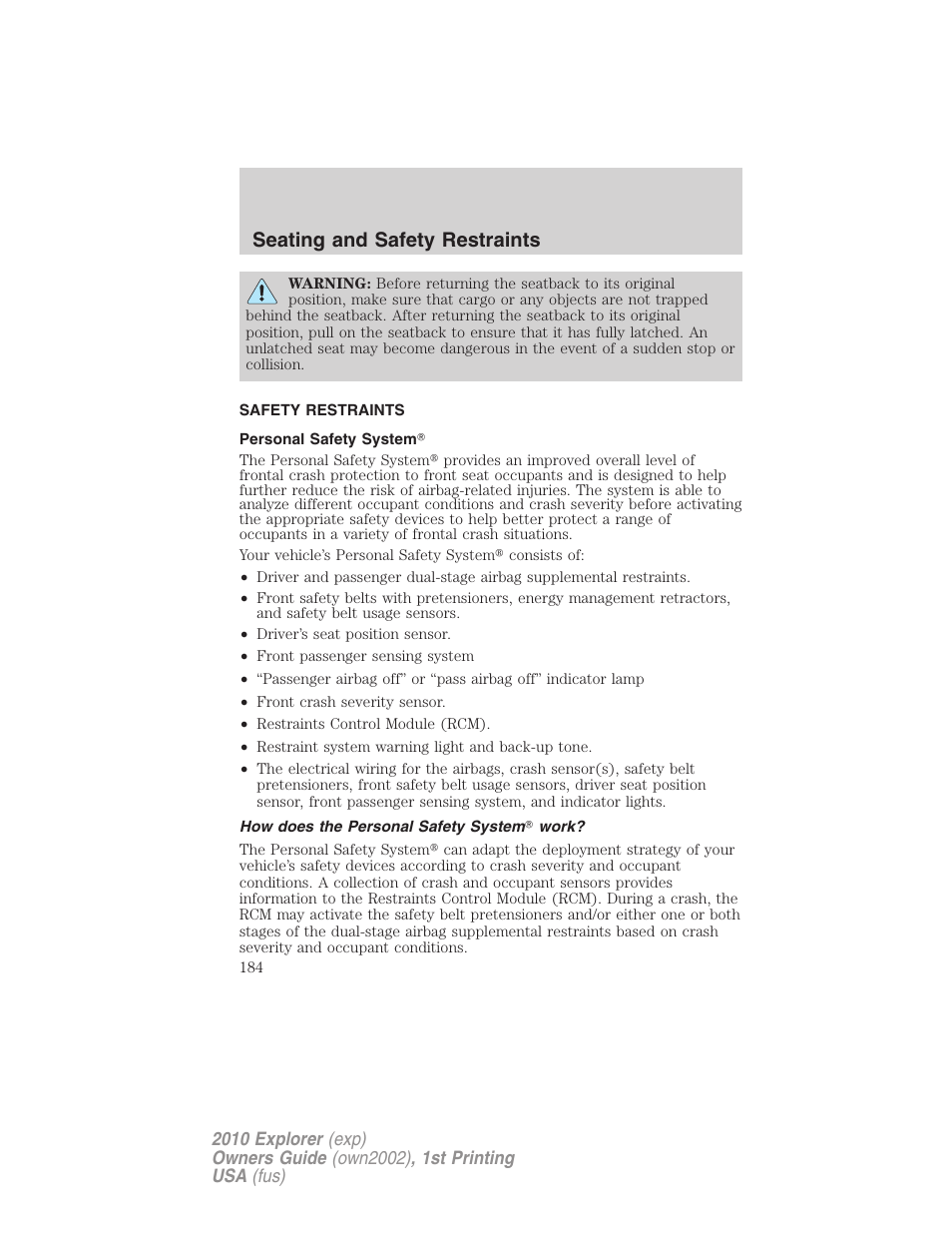 Safety restraints, Personal safety system, How does the personal safety system work | Seating and safety restraints | FORD 2010 Explorer v.1 User Manual | Page 184 / 404