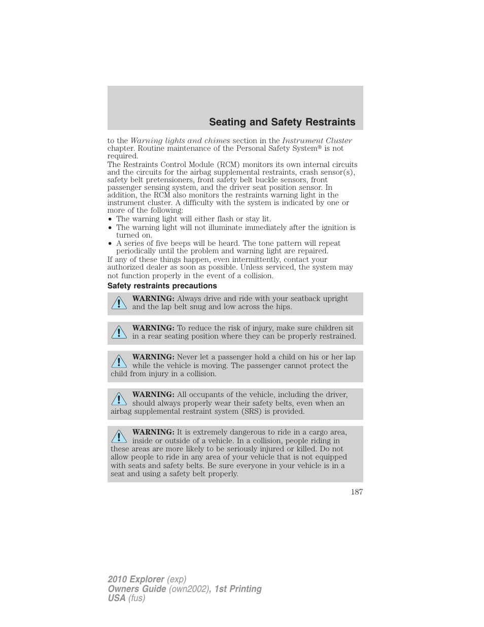 Safety restraints precautions, Seating and safety restraints | FORD 2010 Explorer v.1 User Manual | Page 187 / 404