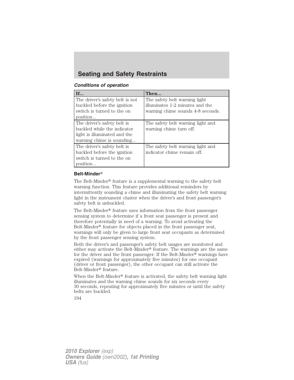 Conditions of operation, Belt-minder, Seating and safety restraints | FORD 2010 Explorer v.1 User Manual | Page 194 / 404