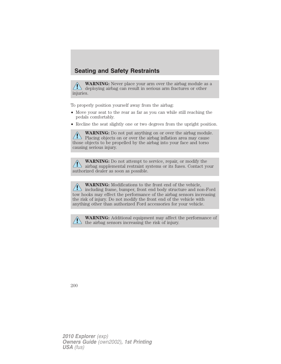 Seating and safety restraints | FORD 2010 Explorer v.1 User Manual | Page 200 / 404