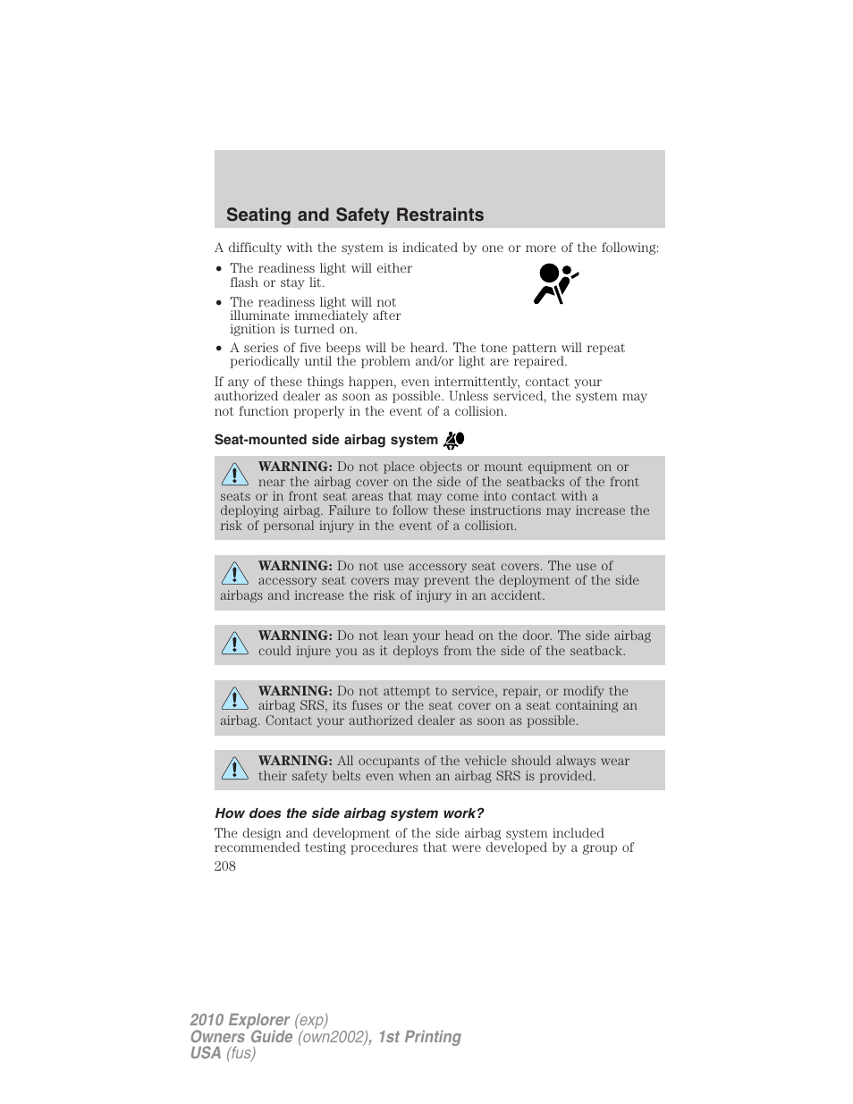 Seat-mounted side airbag system, How does the side airbag system work, Seating and safety restraints | FORD 2010 Explorer v.1 User Manual | Page 208 / 404