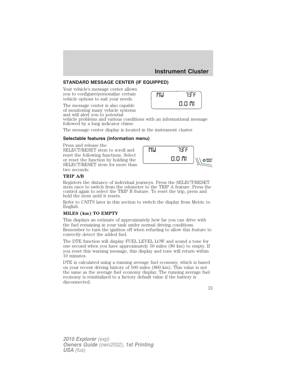 Standard message center (if equipped), Selectable features (information menu), Message center | Instrument cluster | FORD 2010 Explorer v.1 User Manual | Page 21 / 404