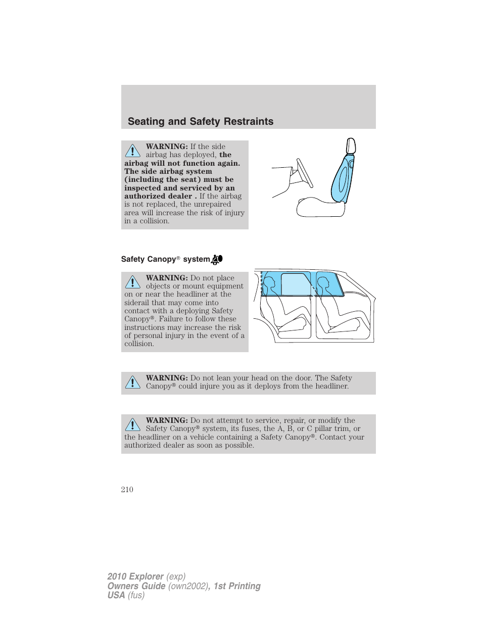 Safety canopy system, Seating and safety restraints | FORD 2010 Explorer v.1 User Manual | Page 210 / 404