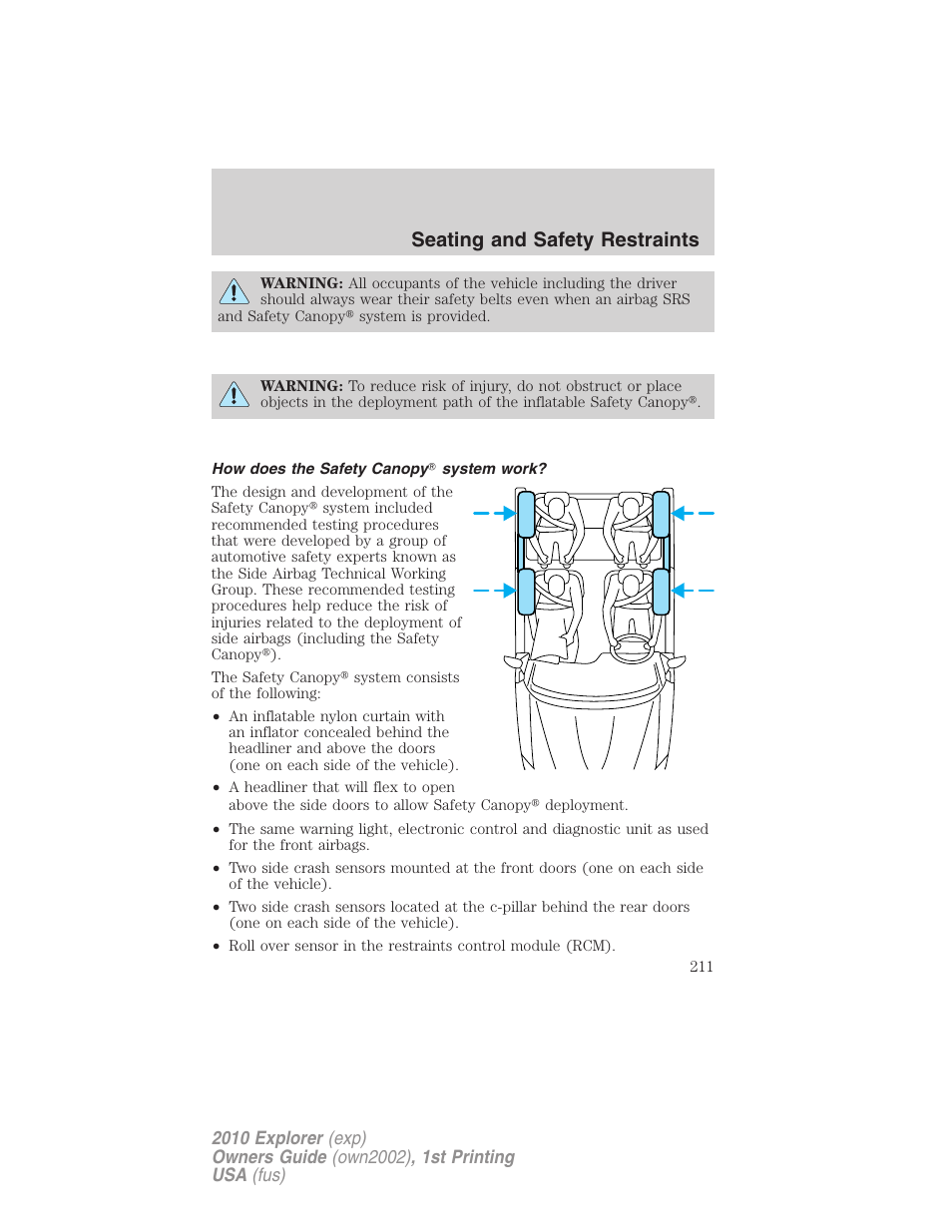 How does the safety canopy system work, Seating and safety restraints | FORD 2010 Explorer v.1 User Manual | Page 211 / 404