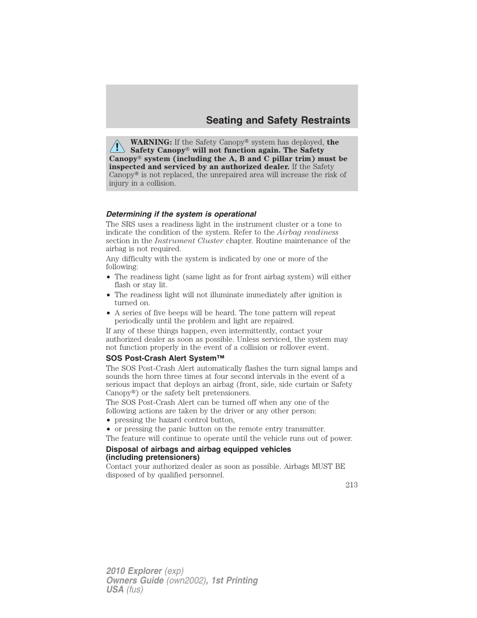 Determining if the system is operational, Sos post-crash alert system, Seating and safety restraints | FORD 2010 Explorer v.1 User Manual | Page 213 / 404