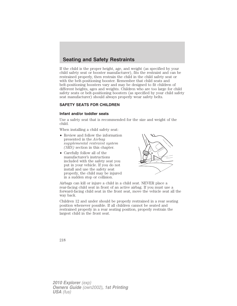 Safety seats for children, Infant and/or toddler seats, Seating and safety restraints | FORD 2010 Explorer v.1 User Manual | Page 218 / 404