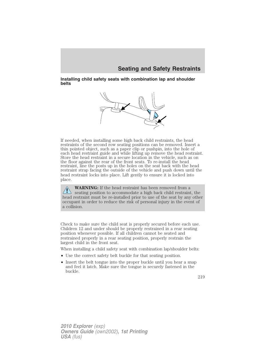 Seating and safety restraints | FORD 2010 Explorer v.1 User Manual | Page 219 / 404