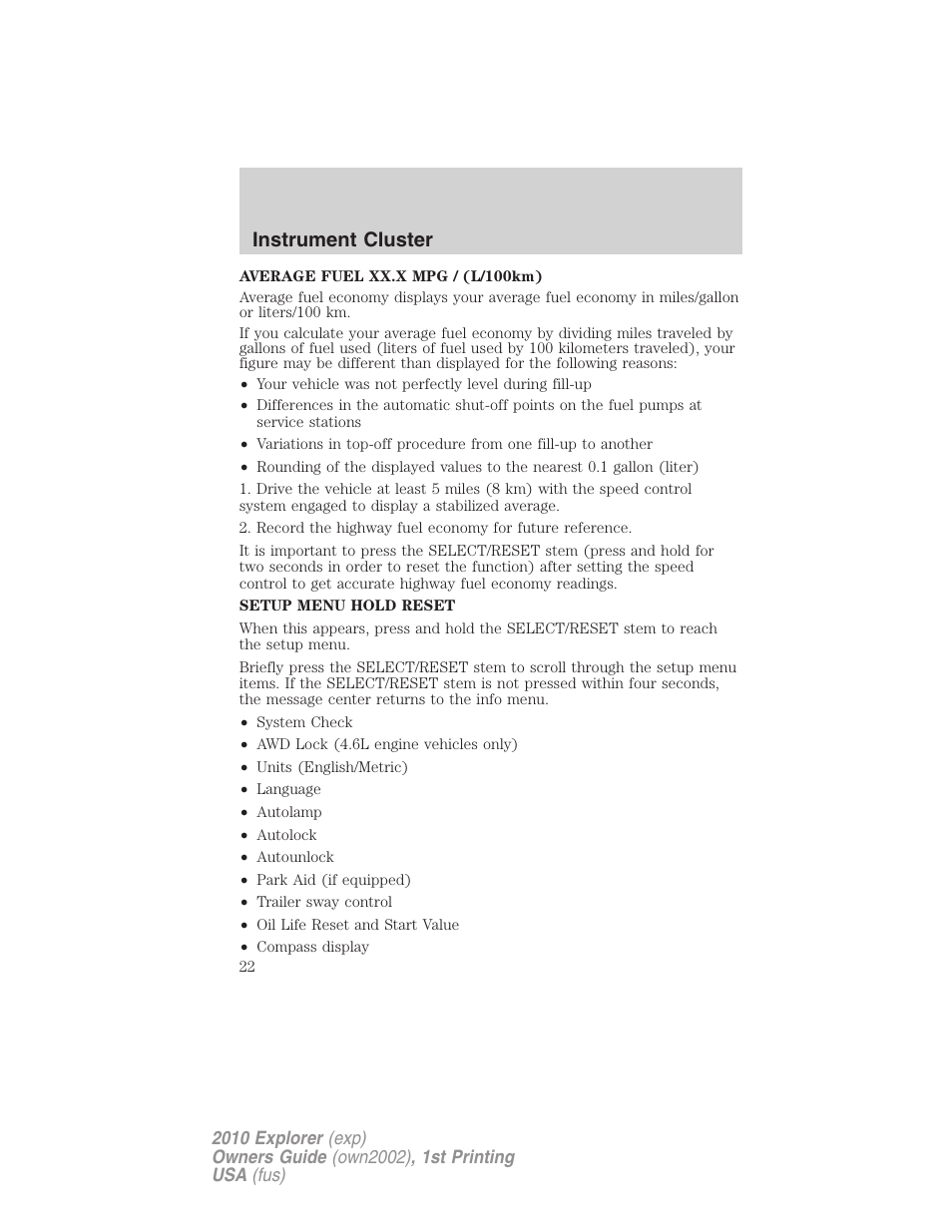 Instrument cluster | FORD 2010 Explorer v.1 User Manual | Page 22 / 404