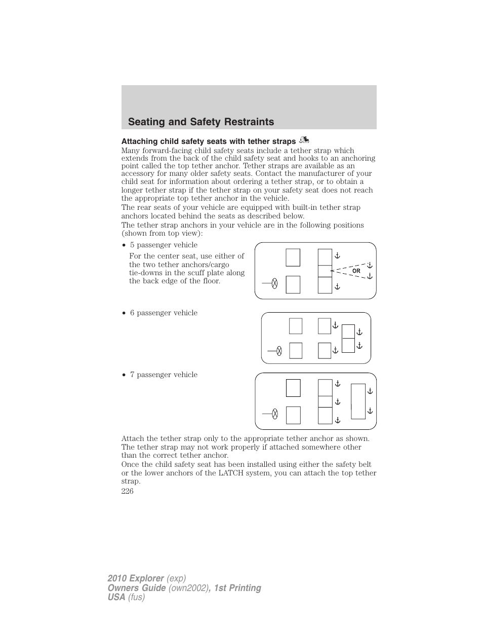 Attaching child safety seats with tether straps, Seating and safety restraints | FORD 2010 Explorer v.1 User Manual | Page 226 / 404