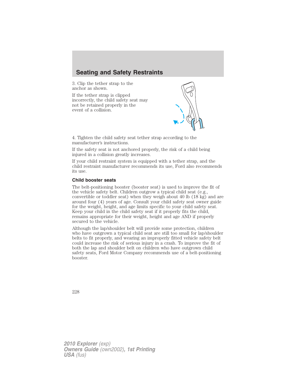 Child booster seats, Seating and safety restraints | FORD 2010 Explorer v.1 User Manual | Page 228 / 404