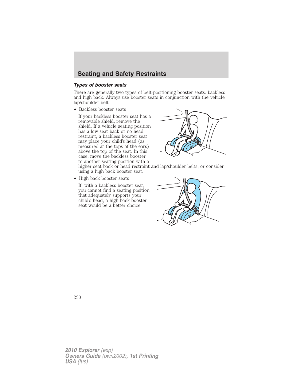 Types of booster seats, Seating and safety restraints | FORD 2010 Explorer v.1 User Manual | Page 230 / 404