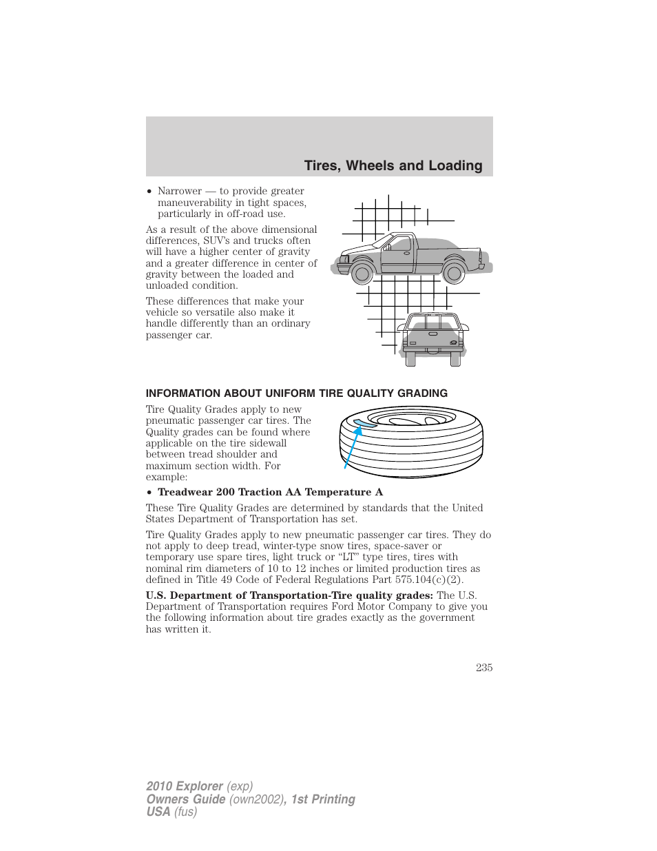 Information about uniform tire quality grading, Tire information, Tires, wheels and loading | FORD 2010 Explorer v.1 User Manual | Page 235 / 404