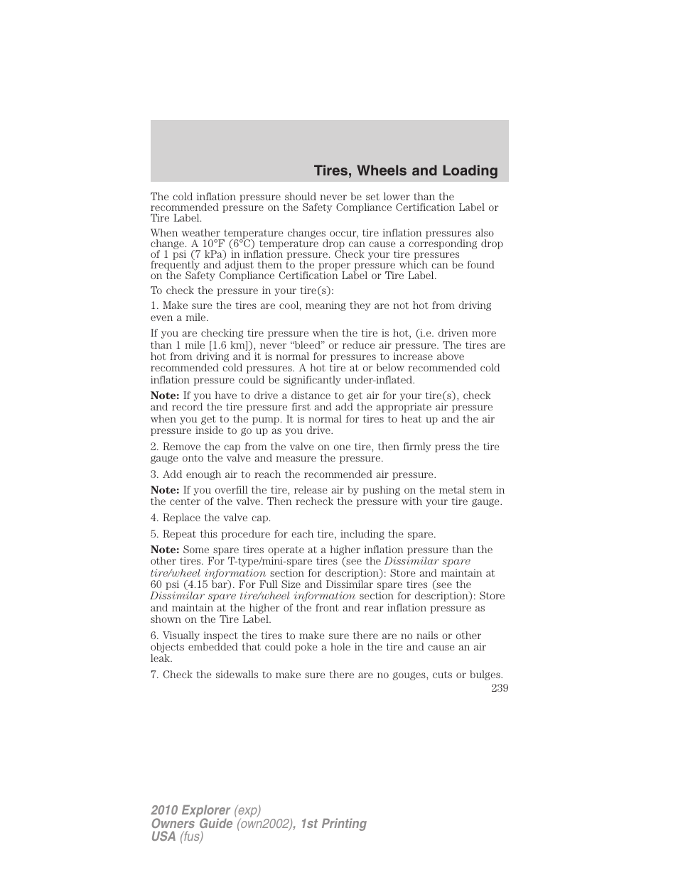 Tires, wheels and loading | FORD 2010 Explorer v.1 User Manual | Page 239 / 404