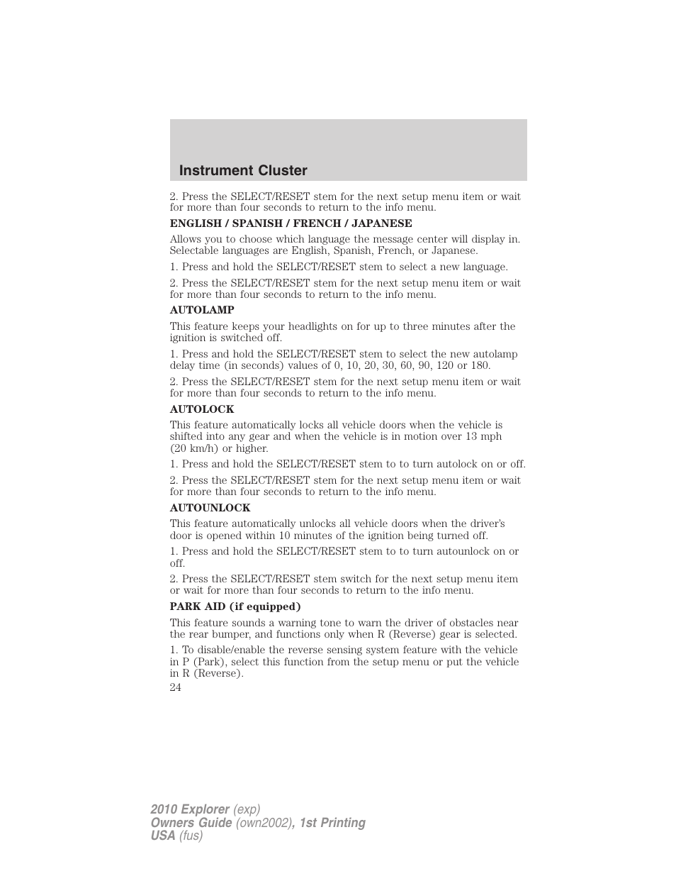 Instrument cluster | FORD 2010 Explorer v.1 User Manual | Page 24 / 404