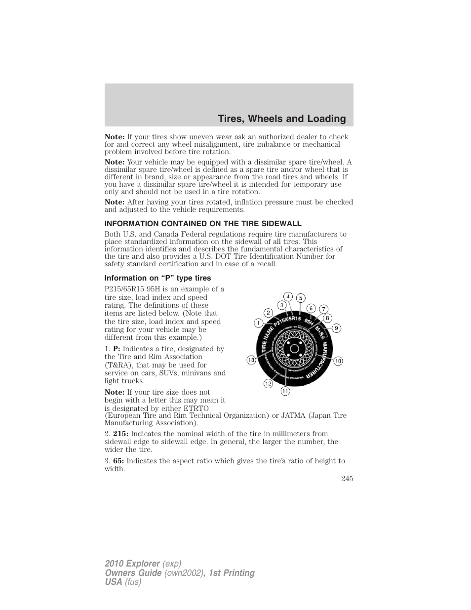 Information contained on the tire sidewall, Information on “p” type tires, Tires, wheels and loading | FORD 2010 Explorer v.1 User Manual | Page 245 / 404