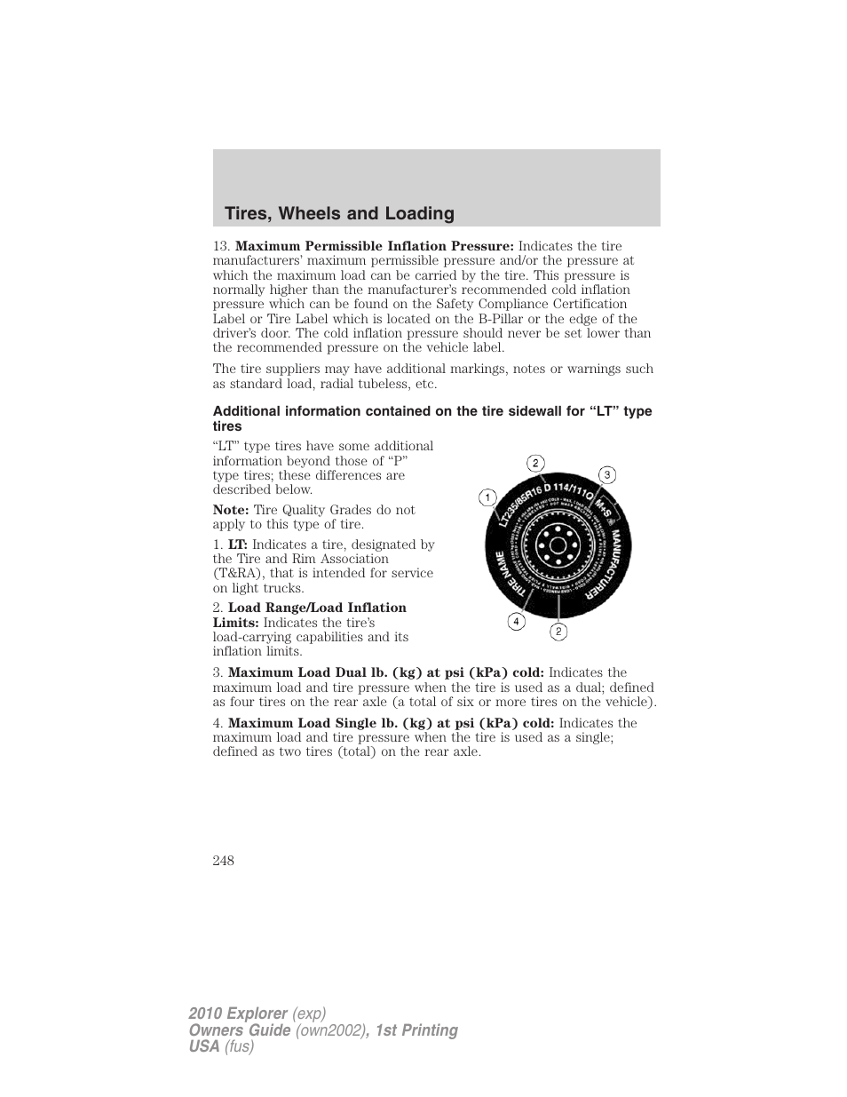 Tires, wheels and loading | FORD 2010 Explorer v.1 User Manual | Page 248 / 404