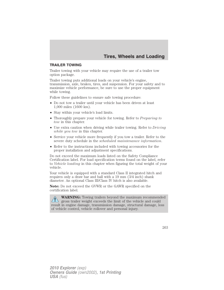 Trailer towing, Tires, wheels and loading | FORD 2010 Explorer v.1 User Manual | Page 263 / 404