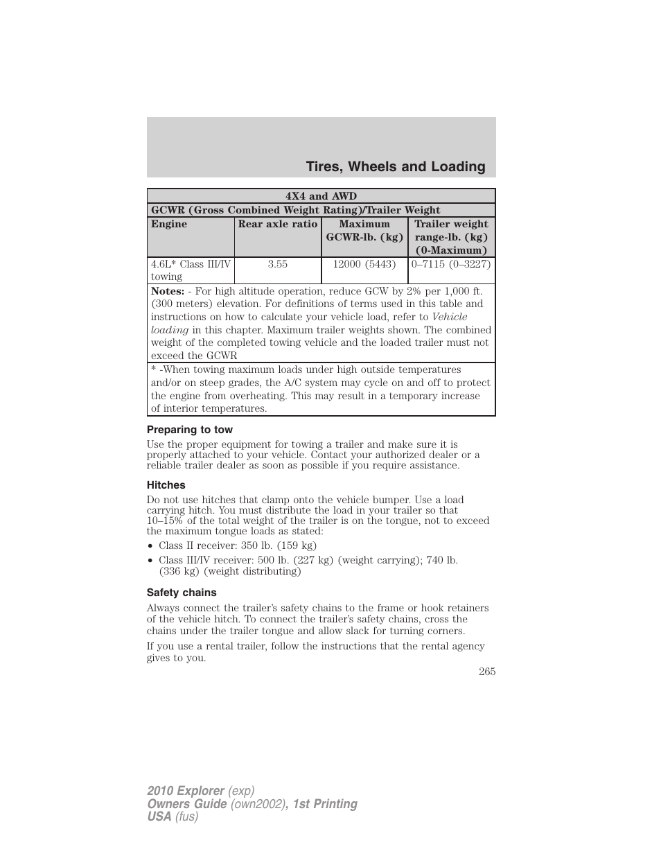 Preparing to tow, Hitches, Safety chains | Tires, wheels and loading | FORD 2010 Explorer v.1 User Manual | Page 265 / 404