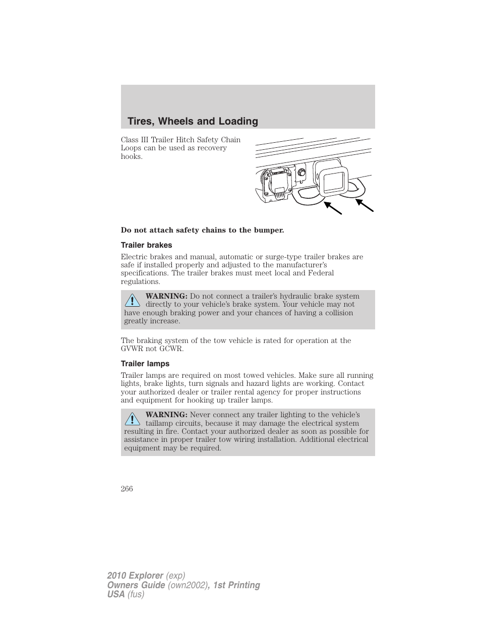 Trailer brakes, Trailer lamps, Tires, wheels and loading | FORD 2010 Explorer v.1 User Manual | Page 266 / 404