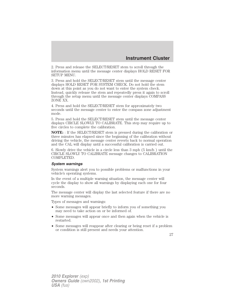 System warnings, Instrument cluster | FORD 2010 Explorer v.1 User Manual | Page 27 / 404