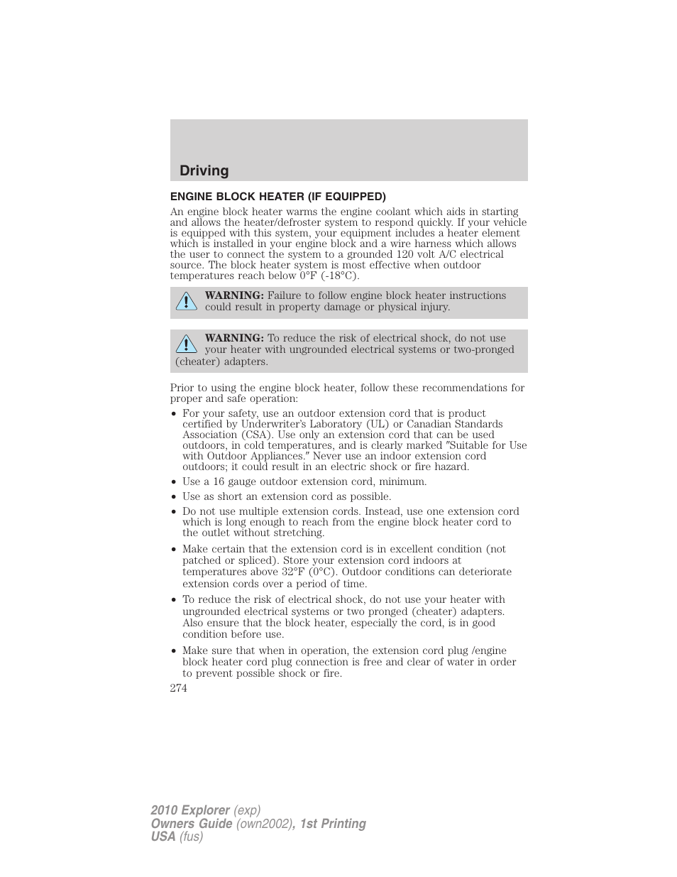 Engine block heater (if equipped), Driving | FORD 2010 Explorer v.1 User Manual | Page 274 / 404