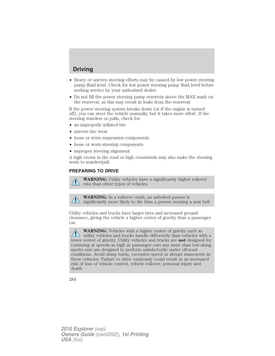 Preparing to drive, Driving | FORD 2010 Explorer v.1 User Manual | Page 284 / 404