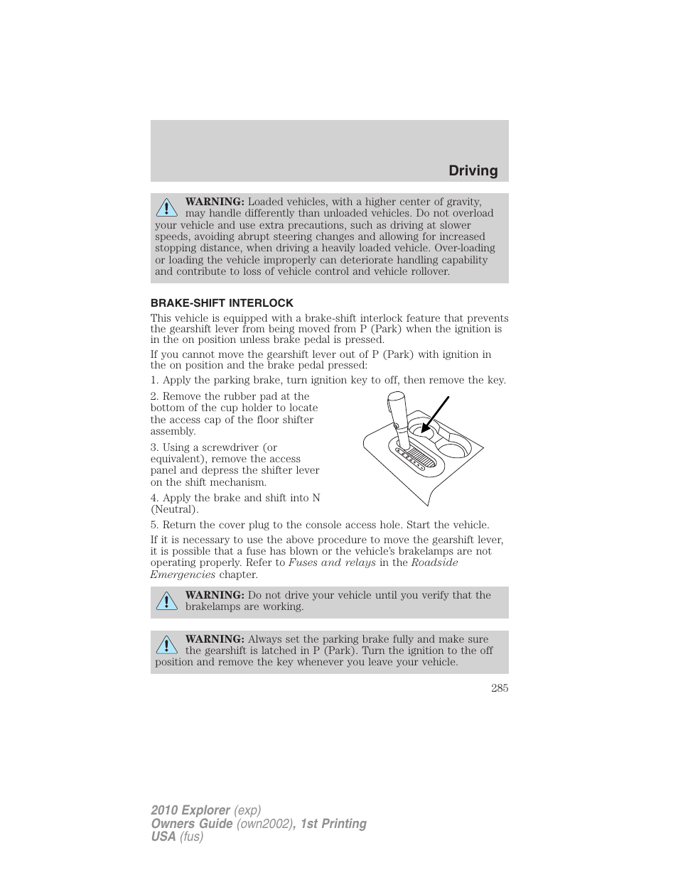 Brake-shift interlock, Driving | FORD 2010 Explorer v.1 User Manual | Page 285 / 404