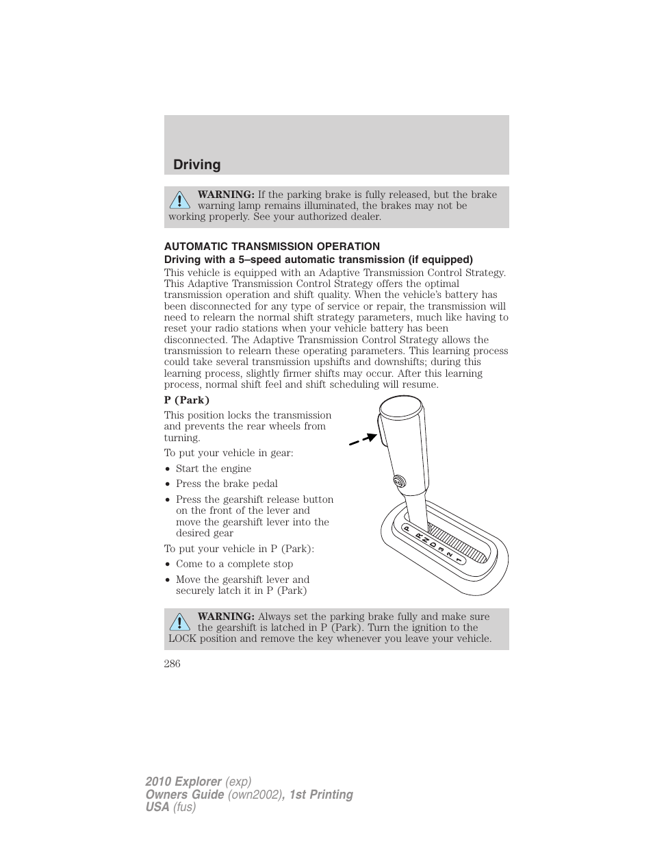 Automatic transmission operation, Transmission operation, Driving | FORD 2010 Explorer v.1 User Manual | Page 286 / 404